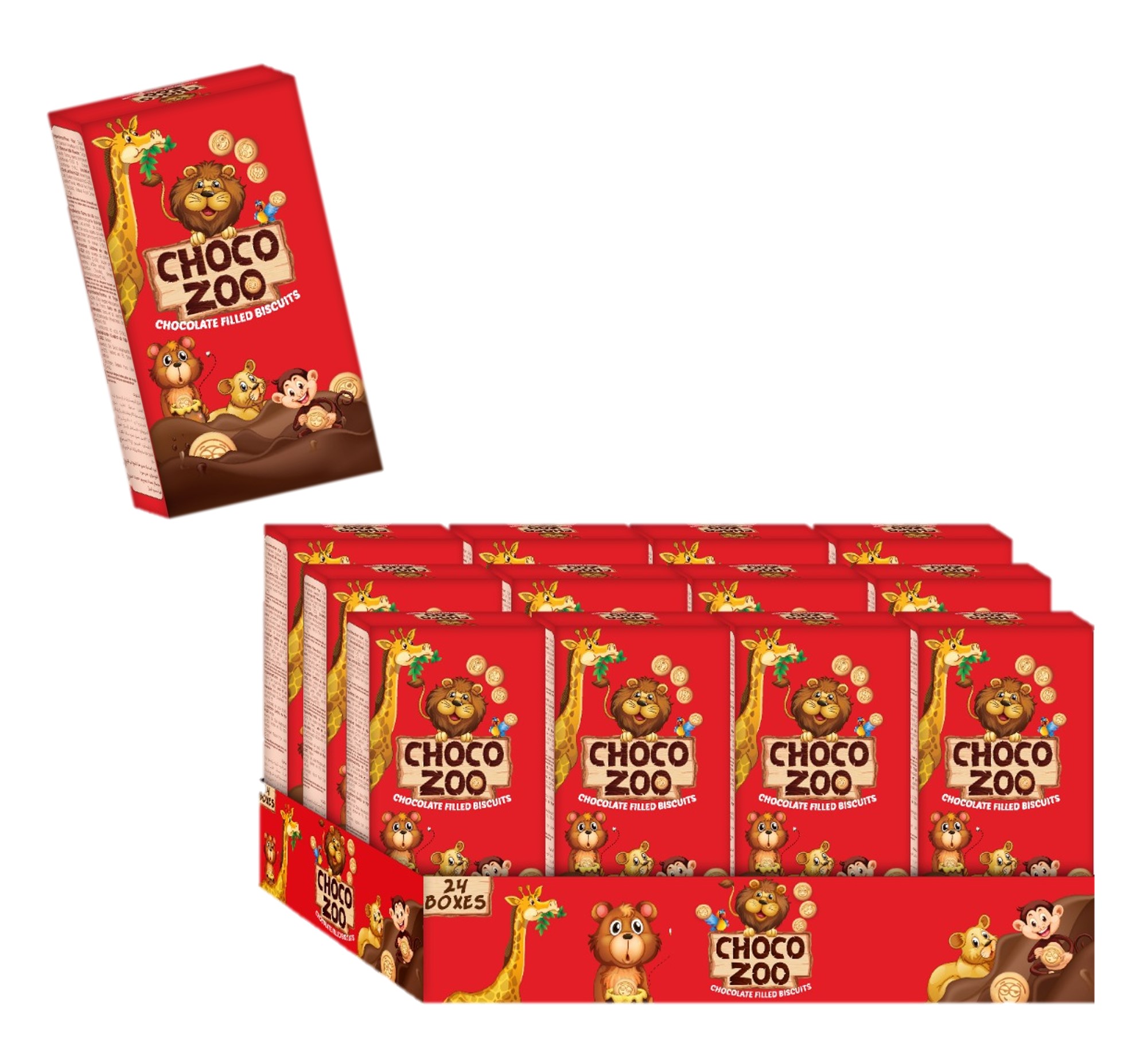 CHOCOZOO CHOCOLATE FILLED BISCUITS 30G BOX PACKX 24 TRAY
