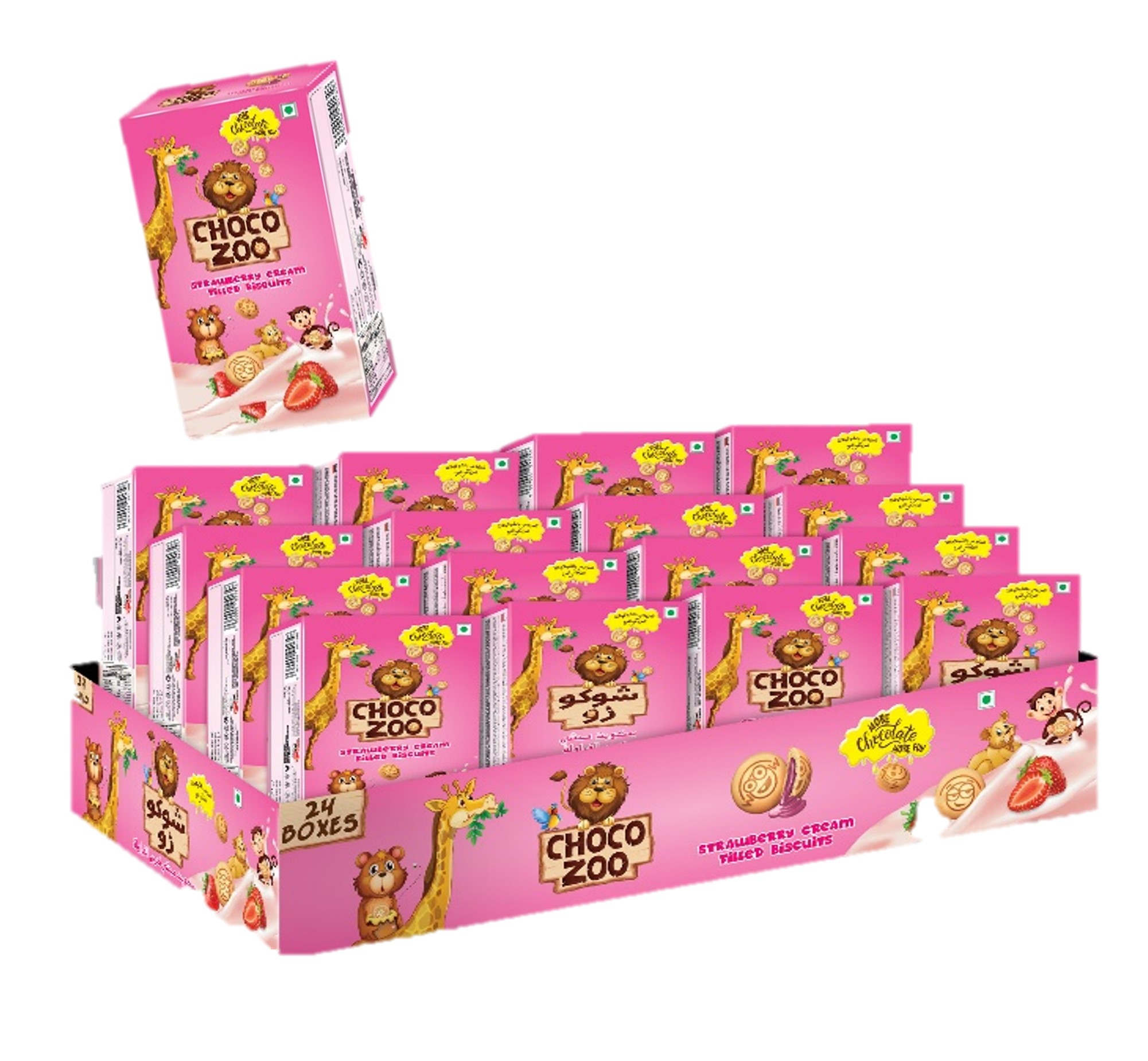CHOCOZOO STRAWBERRY CHOCOLATE  FILLED BISCUIT 20G BOX PACK 24 TRAY